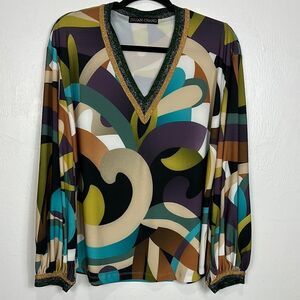 JULIAN CHANG Abstract Print V-Neck Long Sleeve Blouse Top Size L